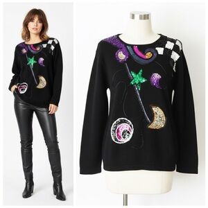 Vintage Victoria Harbour Sequin Art Statement Sweater 80s 90s Celestial Size M